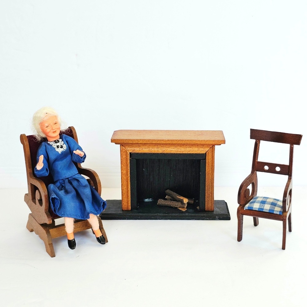 Vintage Shackman Miniature Dollhouse Furniture Fireplace and Chairs Set Wood Toy